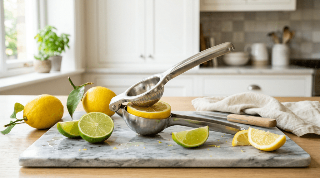 A kitchen scene featuring a metal lemon squeezer on a marble countertop, with whole lemons and cut limes surrounding it, and a light-colored kitchen background.