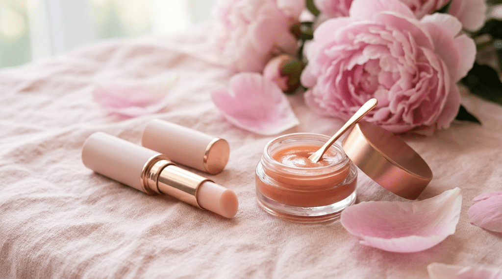 A pink lipstick tube and a small glass jar with a golden lid, containing cream, placed on a soft fabric with pink peony flowers and petals in the background.