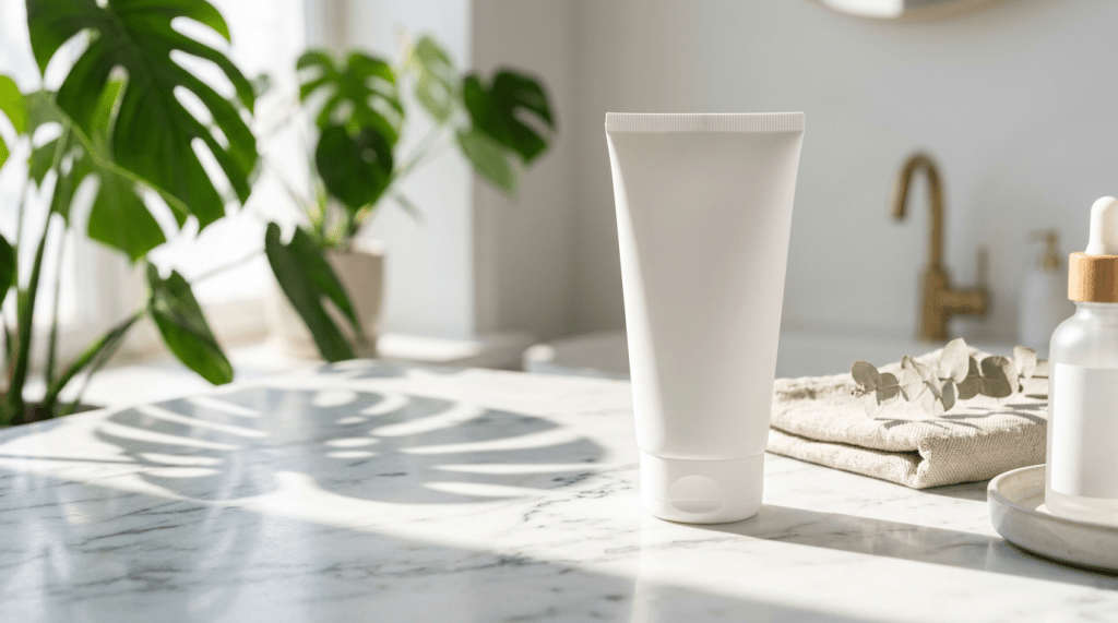 A white tube container placed on a marble countertop, surrounded by lush green plants and a beige cloth. Soft sunlight casts shadows and highlights the serene bathroom setting.