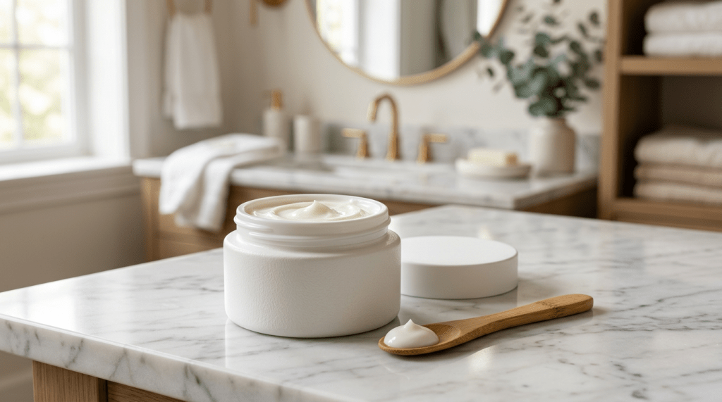 A jar of moisturizer with a wooden spoon on a marble countertop in a bathroom setting. Soft towels and decorative items are in the background.