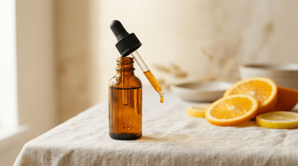A close-up of a brown glass dropper bottle with a dropper top, sitting on a beige cloth. Slices of orange and lemon are arranged beside the bottle.