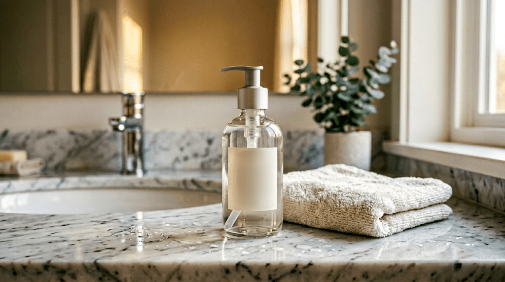 A glass pump bottle on a marble countertop beside a soft towel and a potted plant, with a faucet and mirror in the background.
