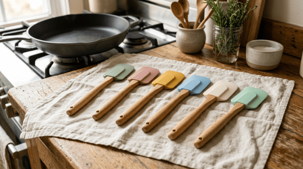 A collection of colorful silicone spatulas with wooden handles arranged on a linen cloth in a kitchen setting, with a frying pan on a stove in the background.