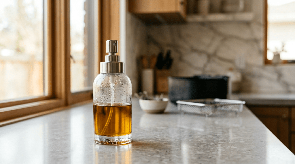 A clear glass spray bottle filled with a golden liquid, placed on a kitchen countertop, with natural light streaming in through a nearby window.