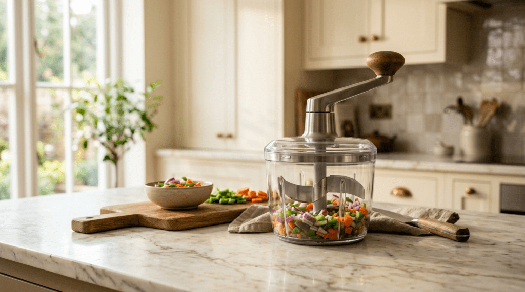 A kitchen countertop featuring a clear food chopper filled with chopped vegetables, alongside a wooden cutting board with a bowl of colorful vegetable pieces and a kitchen knife.