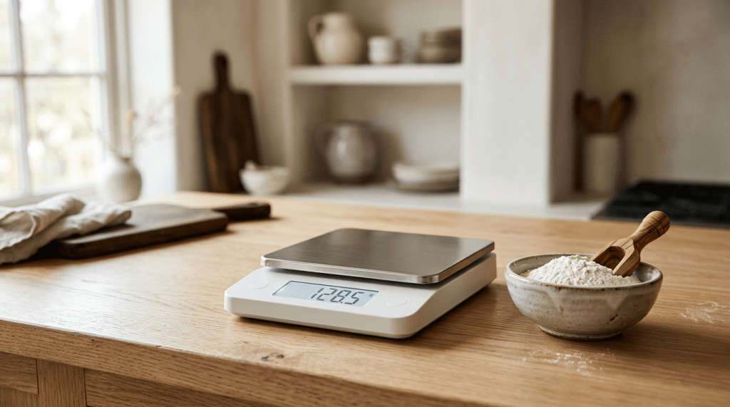 A kitchen scale on a wooden countertop with a bowl of flour and a wooden scoop beside it.